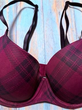 PINK Victoria's Secret Burgundy Plaid Underwire Bra